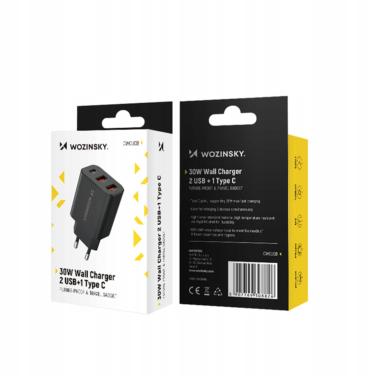 Opakowanie ładowarki ściennej 30 W z 2 portami USB i 1 portem typu C.
