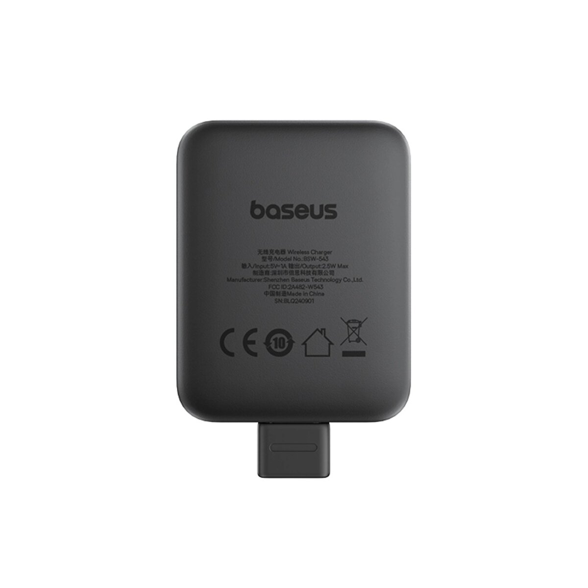 Czarna ładowarka bezprzewodowa Baseus z adapterem USB-C, pokazująca szczegóły produktu na odwrocie.