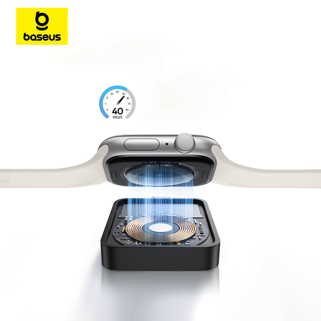 Apple Watch ładuje się bezprzewodowo na ładowarce Baseus, pokazując 40 minut do pełnego naładowania.