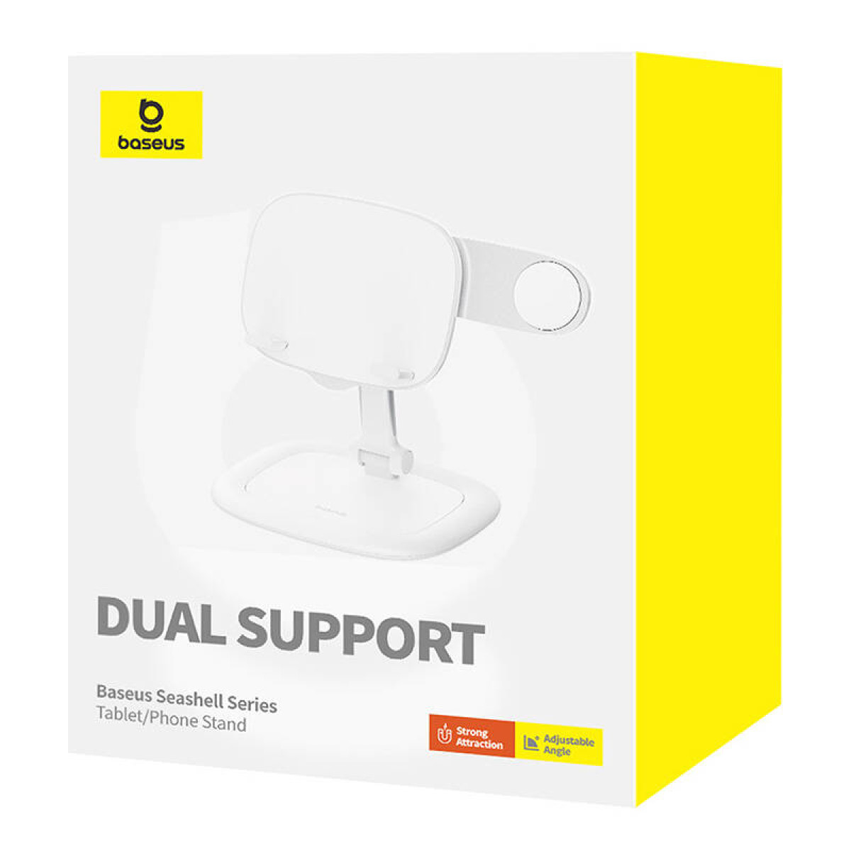 Pudełko na stojak na tablet/telefon z podwójnym wspornikiem Baseus pokazuje produkt z jego cechami silnego przyciągania i regulowanego kąta.
