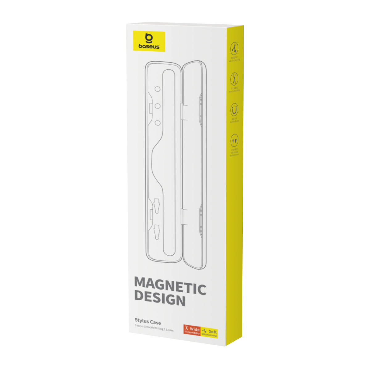 Białe i żółte pudełko z obrysem etui na rysik. Tekst: "Magnetic Design" i "Stylus Case".