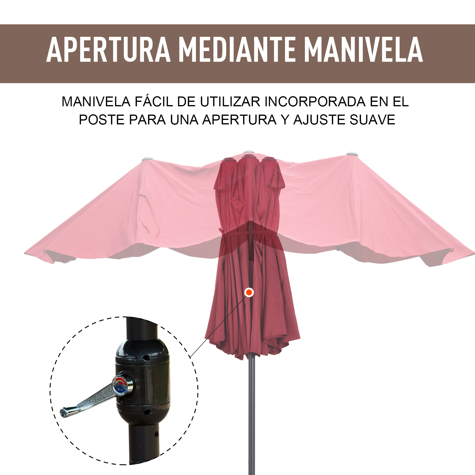 Una sombrilla burdeos con mecanismo de apertura de manivela. La manivela está en el poste y la sombrilla está cerrada.