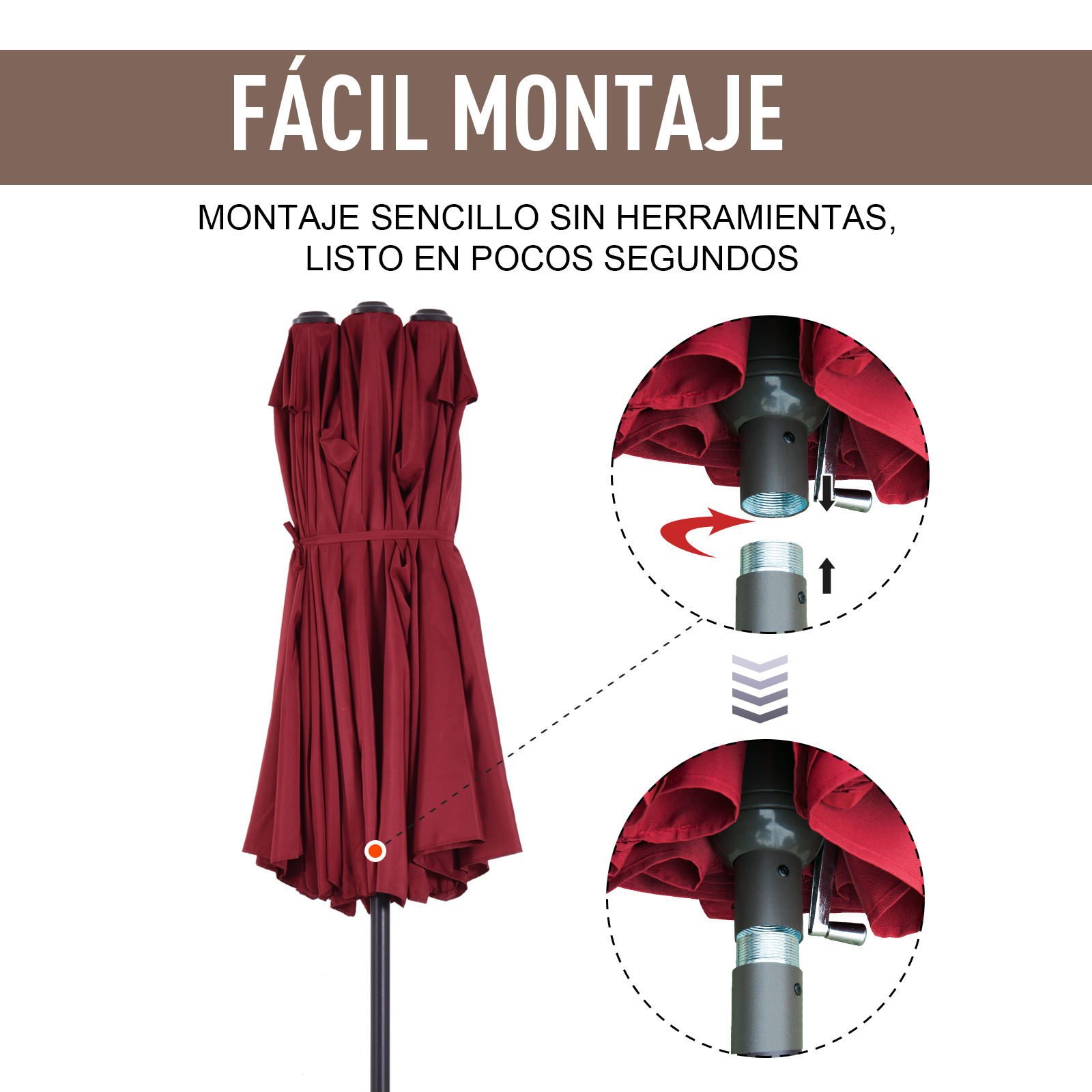 Sombrilla burdeos con fácil montaje. Dos diagramas muestran cómo se puede montar la sombrilla.