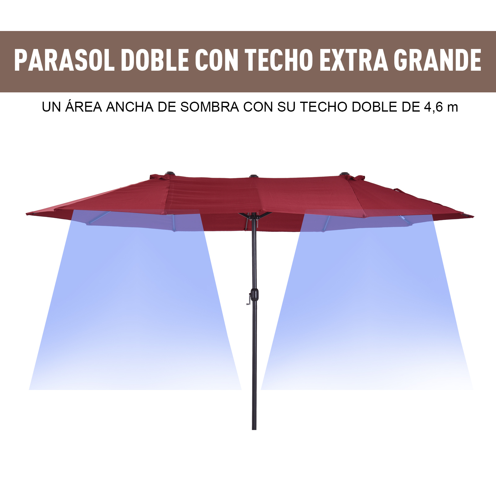 Sombrilla doble burdeos con una gran área de sombra, proyectando sombras azules. El texto indica 4,6 m de ancho.
