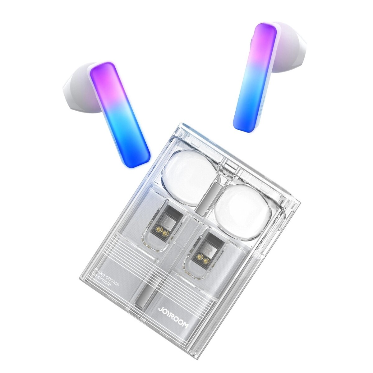 Białe słuchawki douszne z kolorowymi światłami w łodygach i przezroczystym etui ładującym. Etui ma napis 'JOYROOM'.