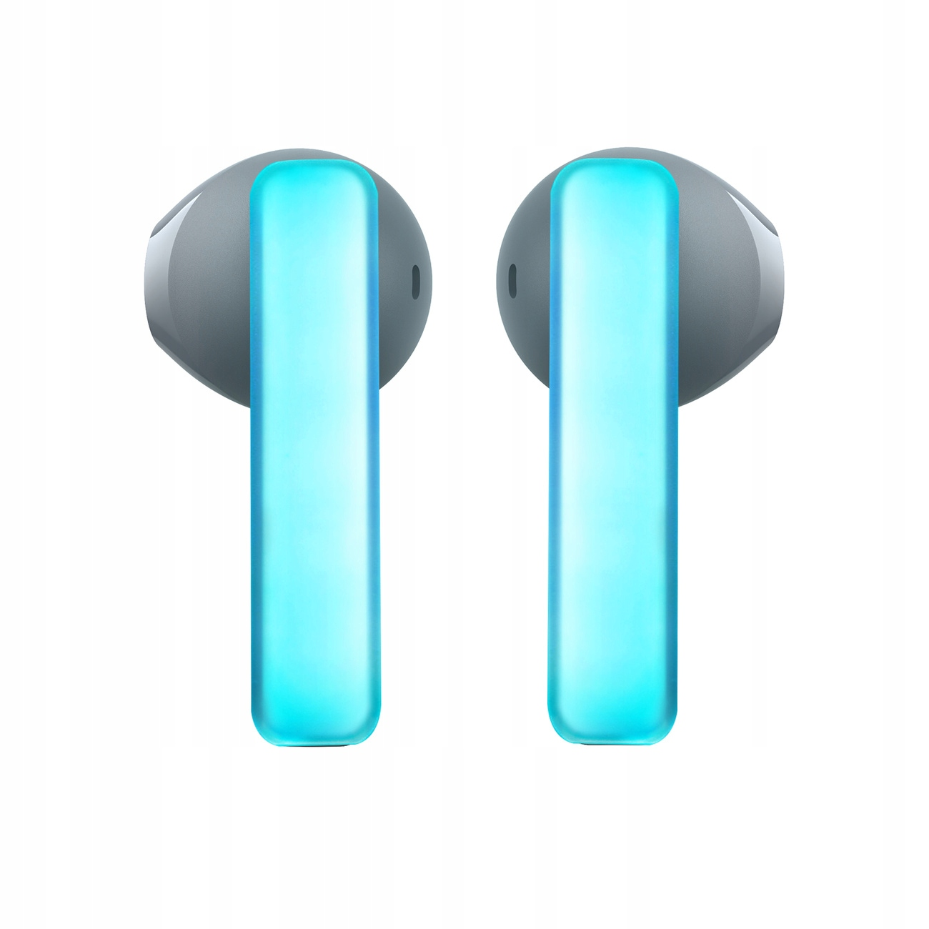 Dwie białe słuchawki douszne z niebiesko-zielonymi światłami i białym tłem.