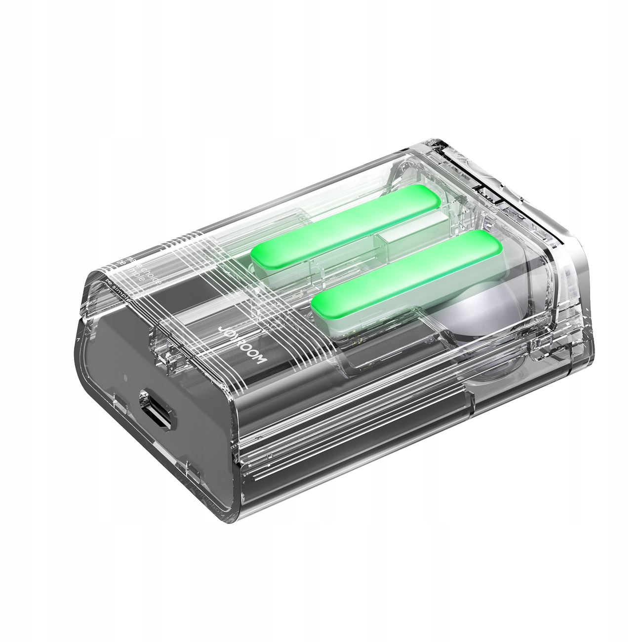 Przezroczyste etui ładujące z białymi słuchawkami w środku. Etui jest prostokątne i ma zielone światła.