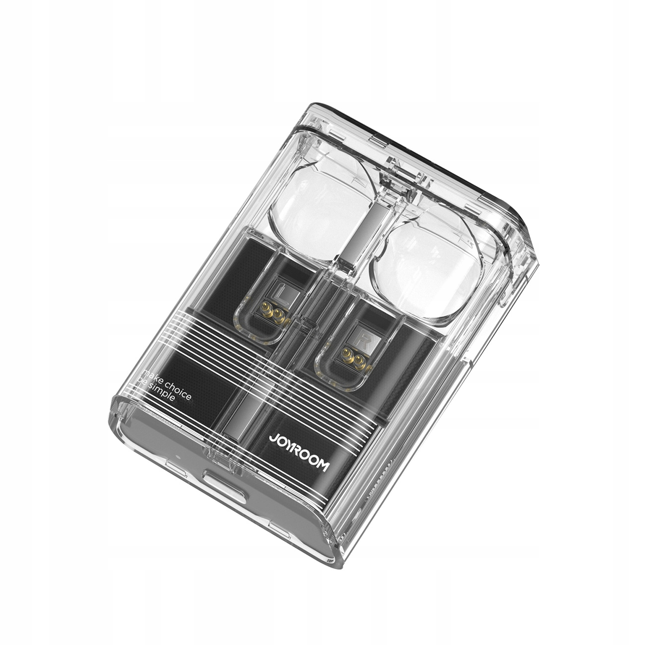 Przezroczyste prostokątne etui ze słuchawkami. Na etui napis JOYROOM. Słuchawki są czarne i złote.