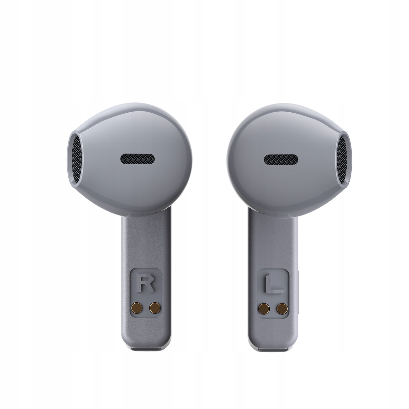 Dwa szare słuchawki na białym tle. Prawy słuchawka ma literę „R”.