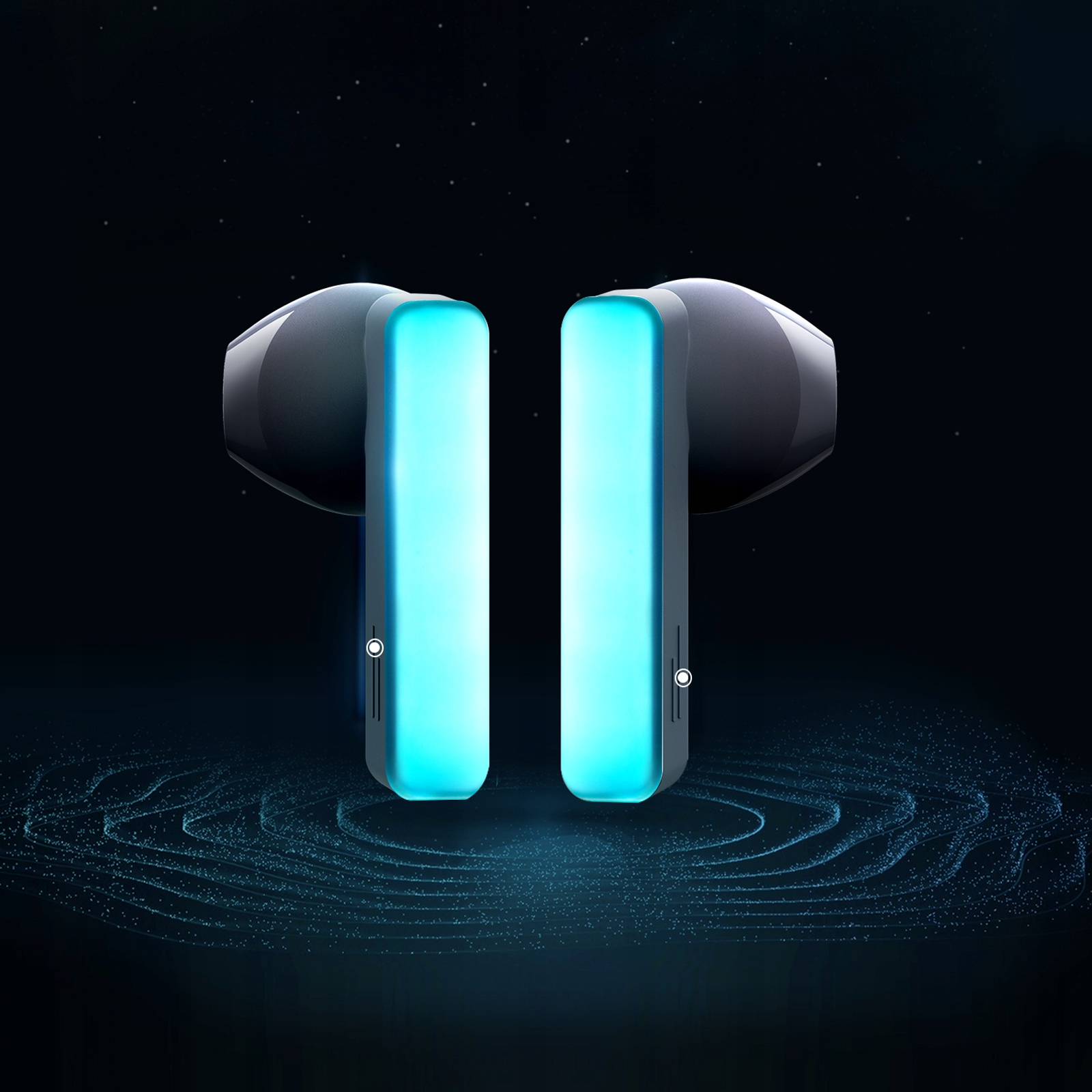 Dwa słuchawki z neonowym, niebieskim blaskiem na ciemnym tle. Są małe niebieskie kropki.