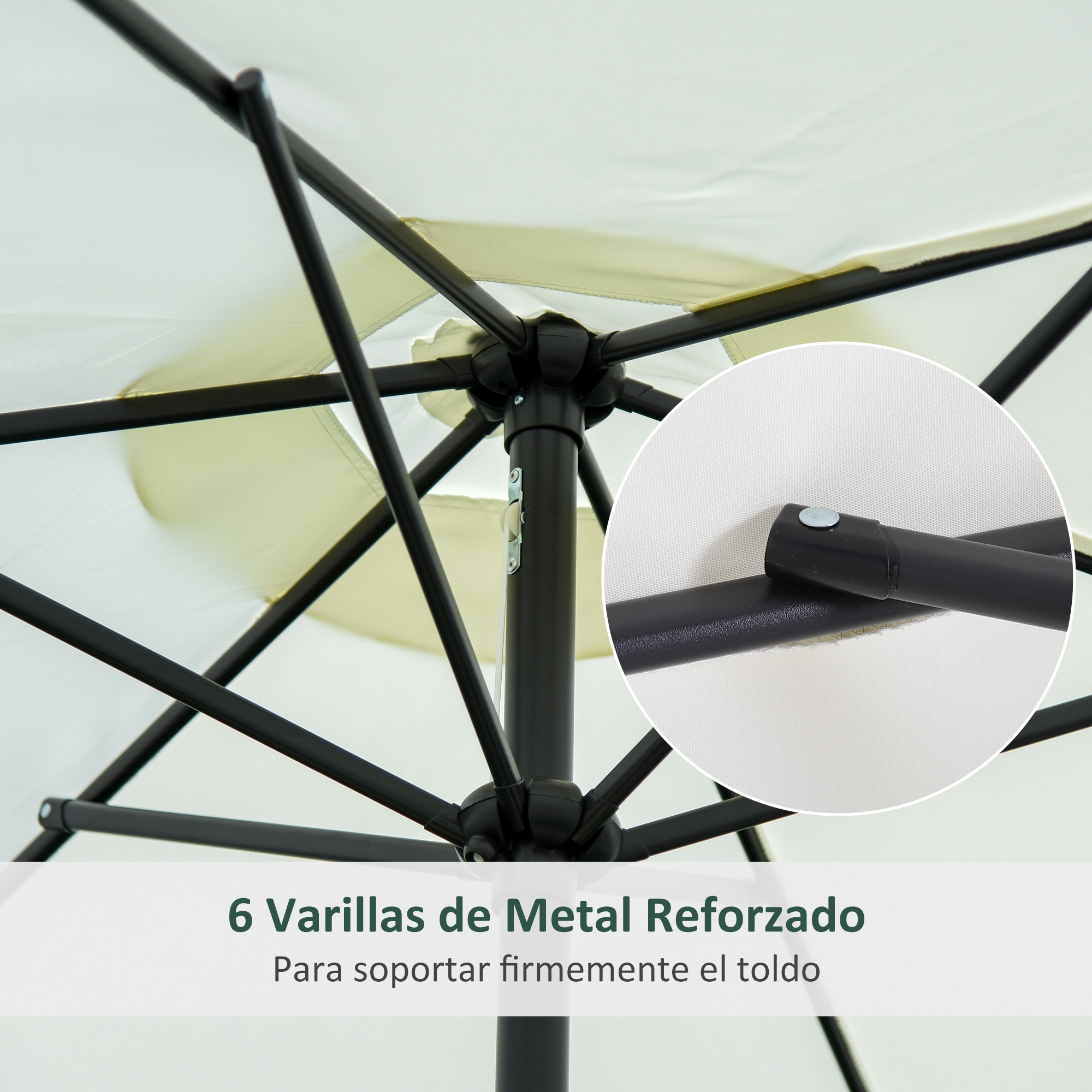 Primer plano de un marco de sombrilla con tela blanca y metal negro. El texto dice, “6 VARILLAS DE METAL REFORZADO”.