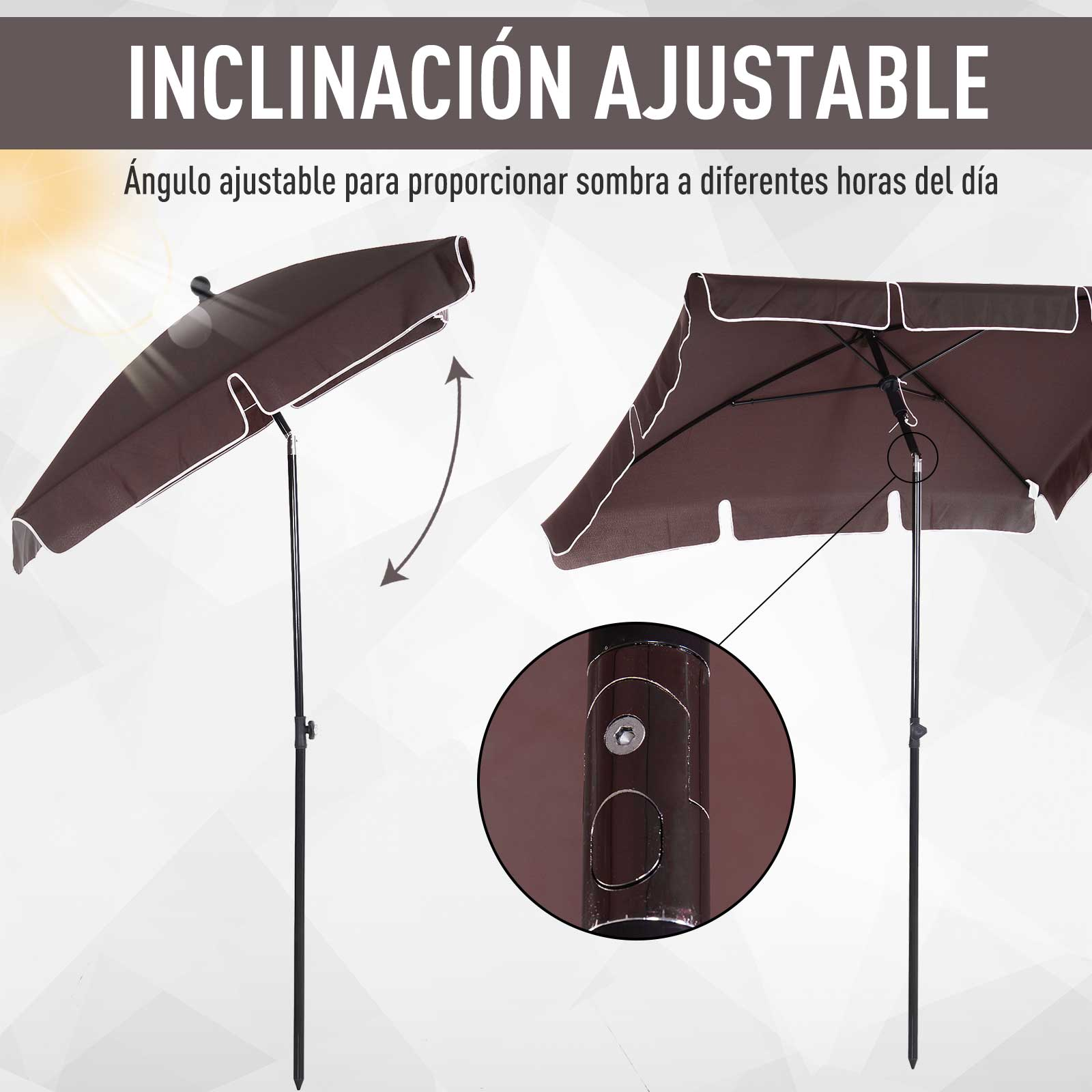 Sombrilla marrón con inclinación ajustable, mostrando el mecanismo de ajuste de ángulo.