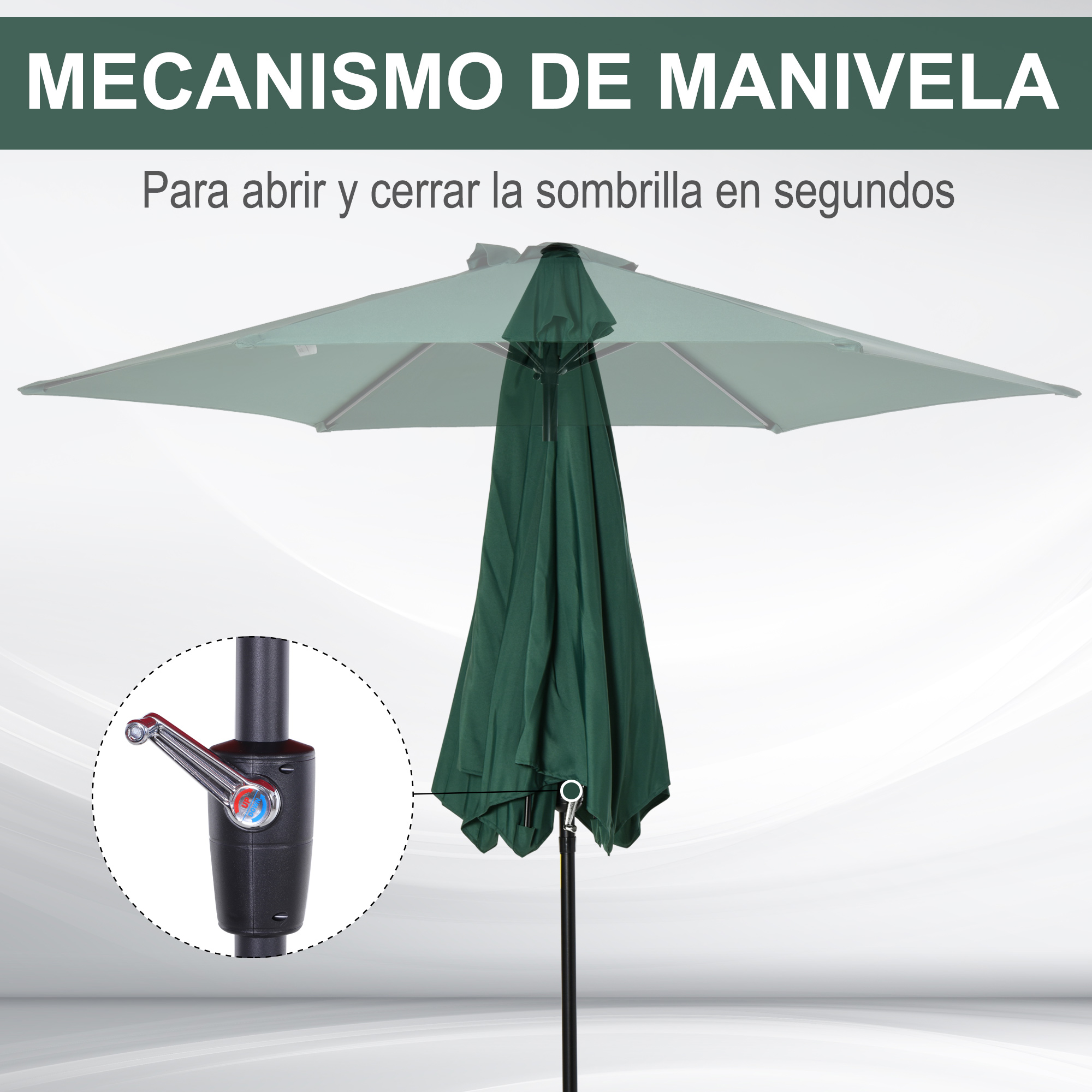 Sombrilla verde con mecanismo de manivela para abrirla y cerrarla.