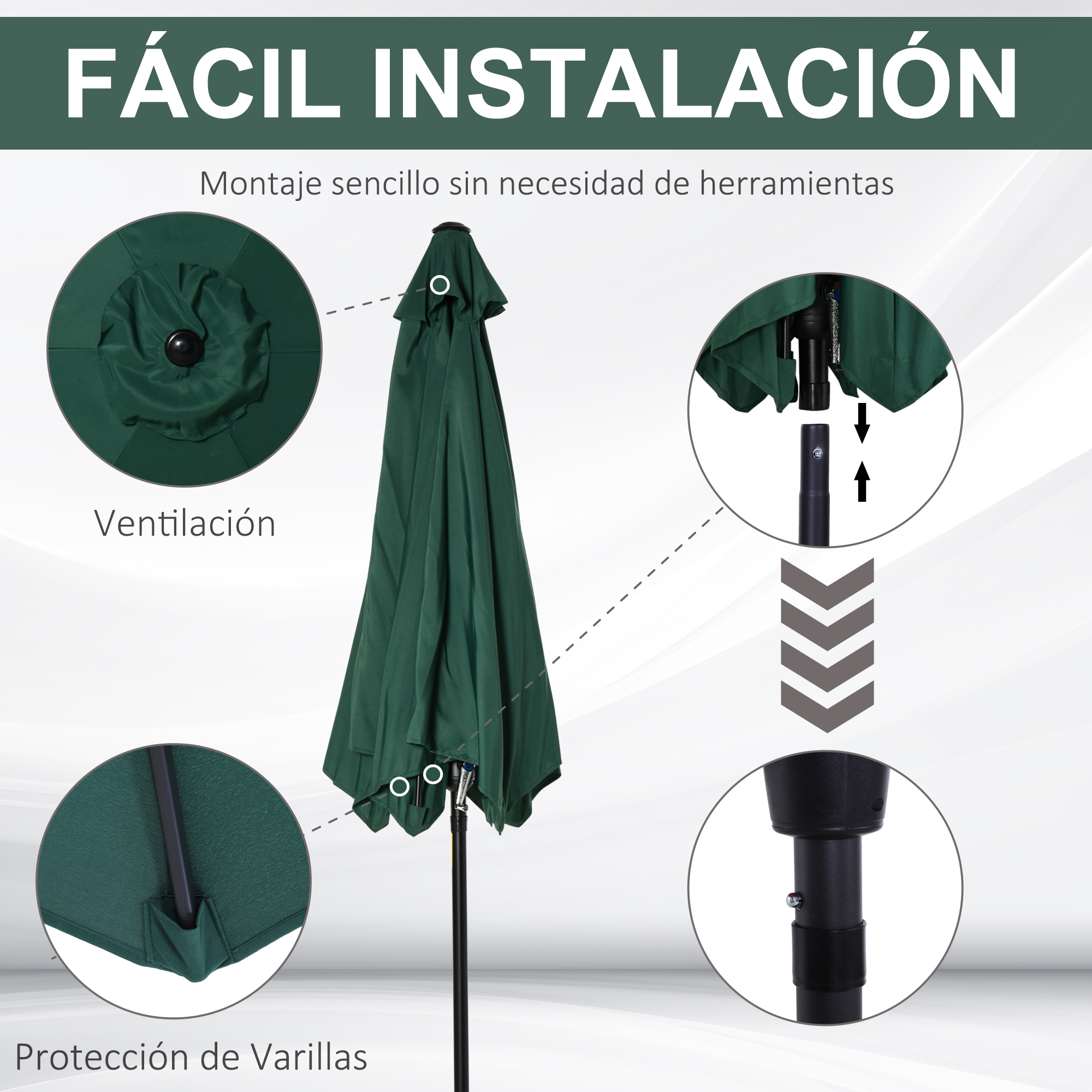 Sombrilla verde, mostrando ventilación, protección de las varillas e instalación fácil.