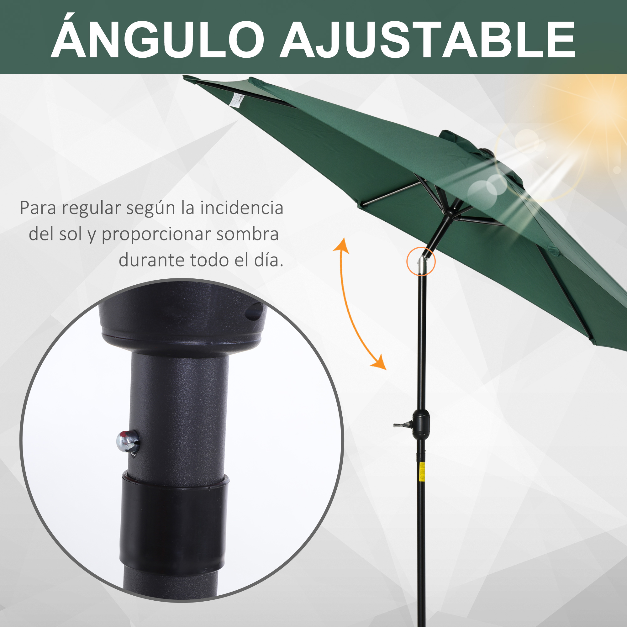 Sombrilla verde con ángulo ajustable, mostrando el mecanismo de ajuste.