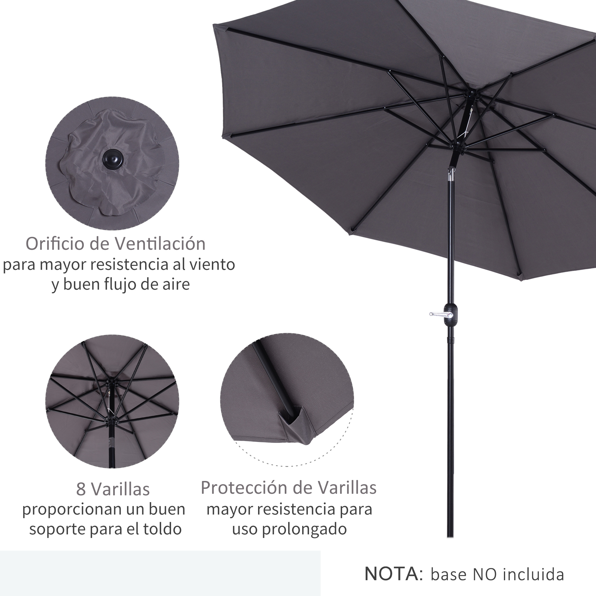 Una sombrilla gris con detalles de ventilación, varillas y texto en español.