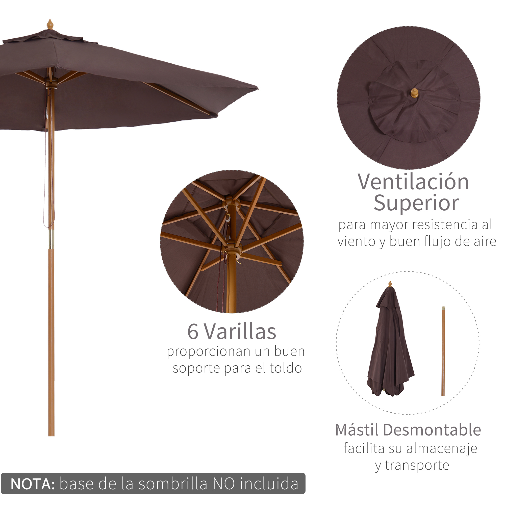 Diagrama de sombrilla marrón, mostrando ventilación y mástil desmontable.