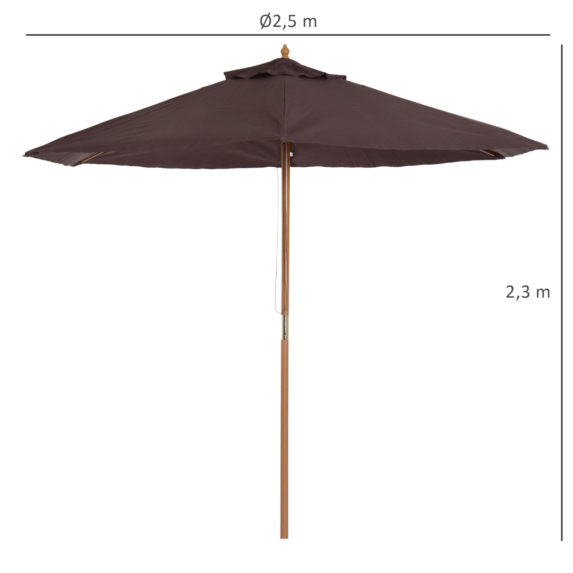Imagen con las dimensiones de una sombrilla de patio marrón. La sombrilla mide 2,5 metros de diámetro y 2,3 metros de alto.