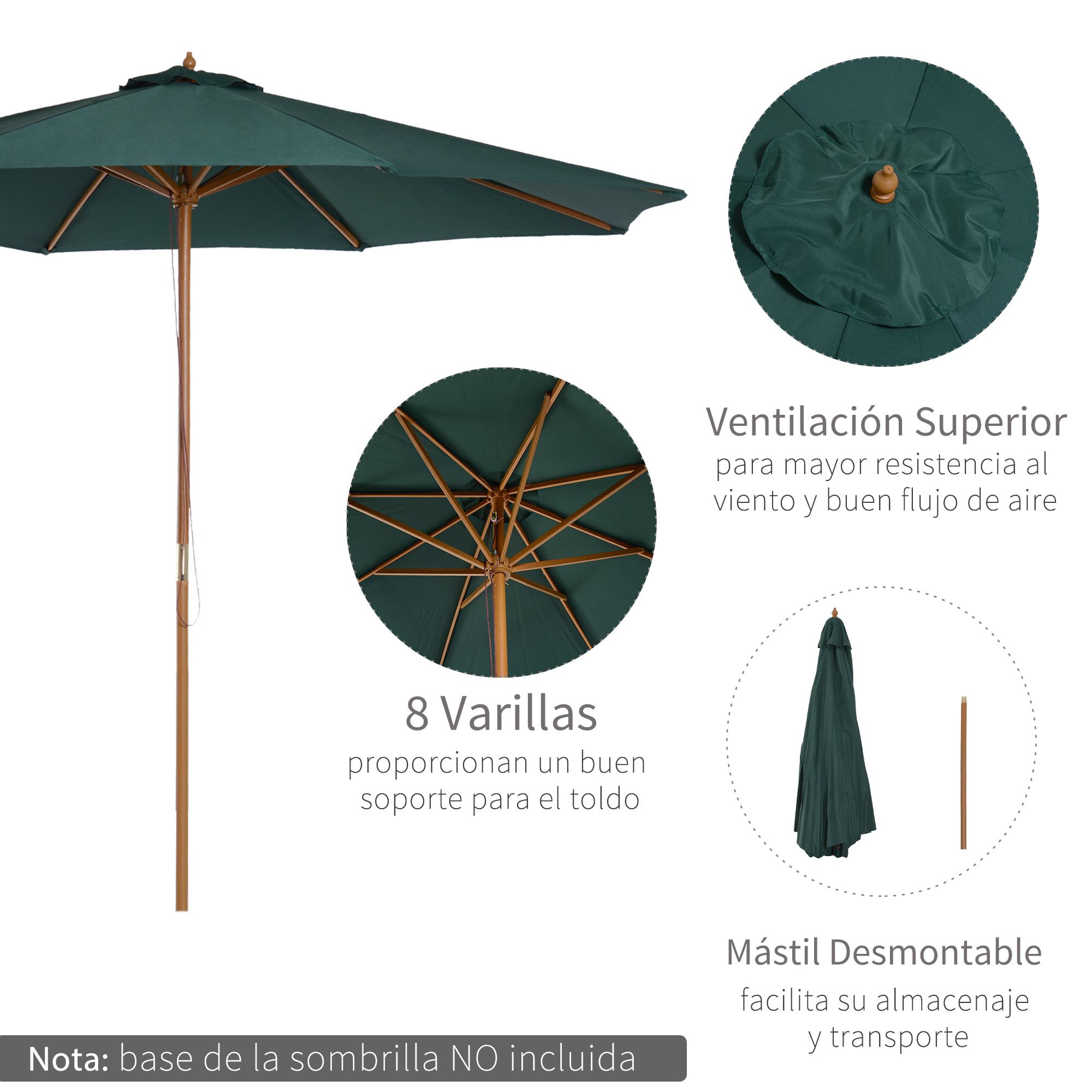 Detalles del producto que muestran una sombrilla verde oscuro con soportes de madera y un poste de madera. Imágenes adicionales muestran características.