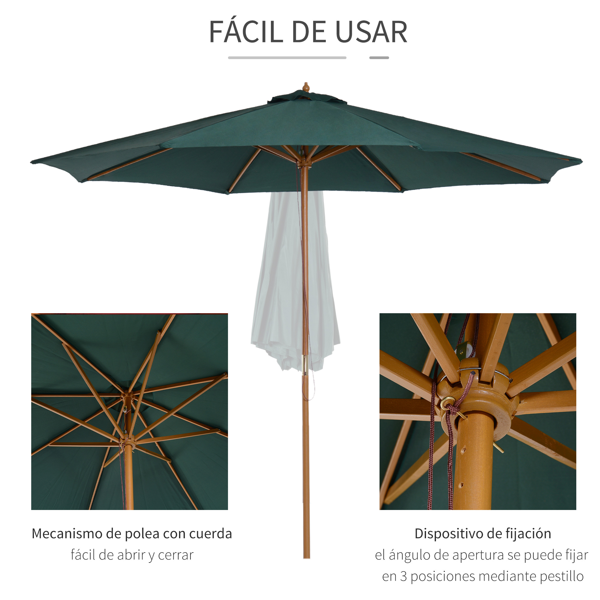 Diagrama muestra una sombrilla verde oscuro. Incluye un mecanismo de polea y un dispositivo de fijación.