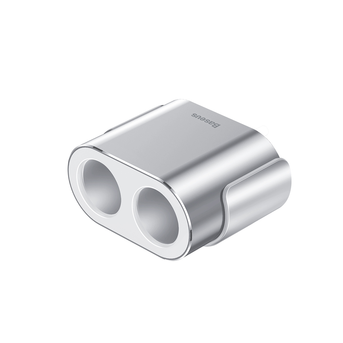 Srebrna ładowarka samochodowa z dwoma okrągłymi portami. Nadruk Baseus.