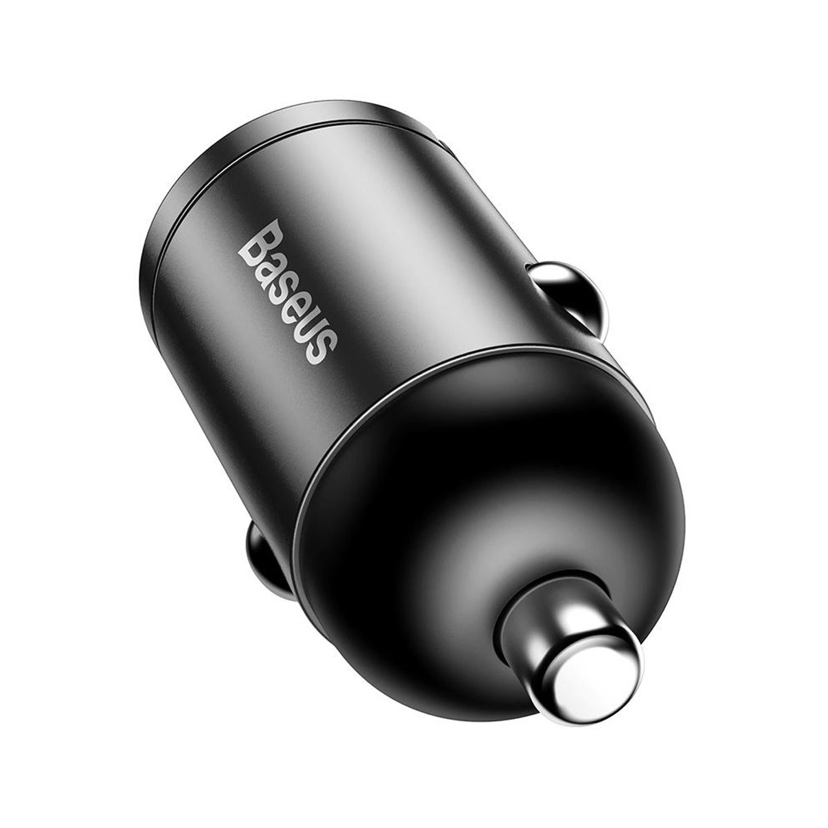 Wyświetlana jest czarna ładowarka samochodowa Baseus z dwoma bocznymi przyciskami i czarnym wierzchem.