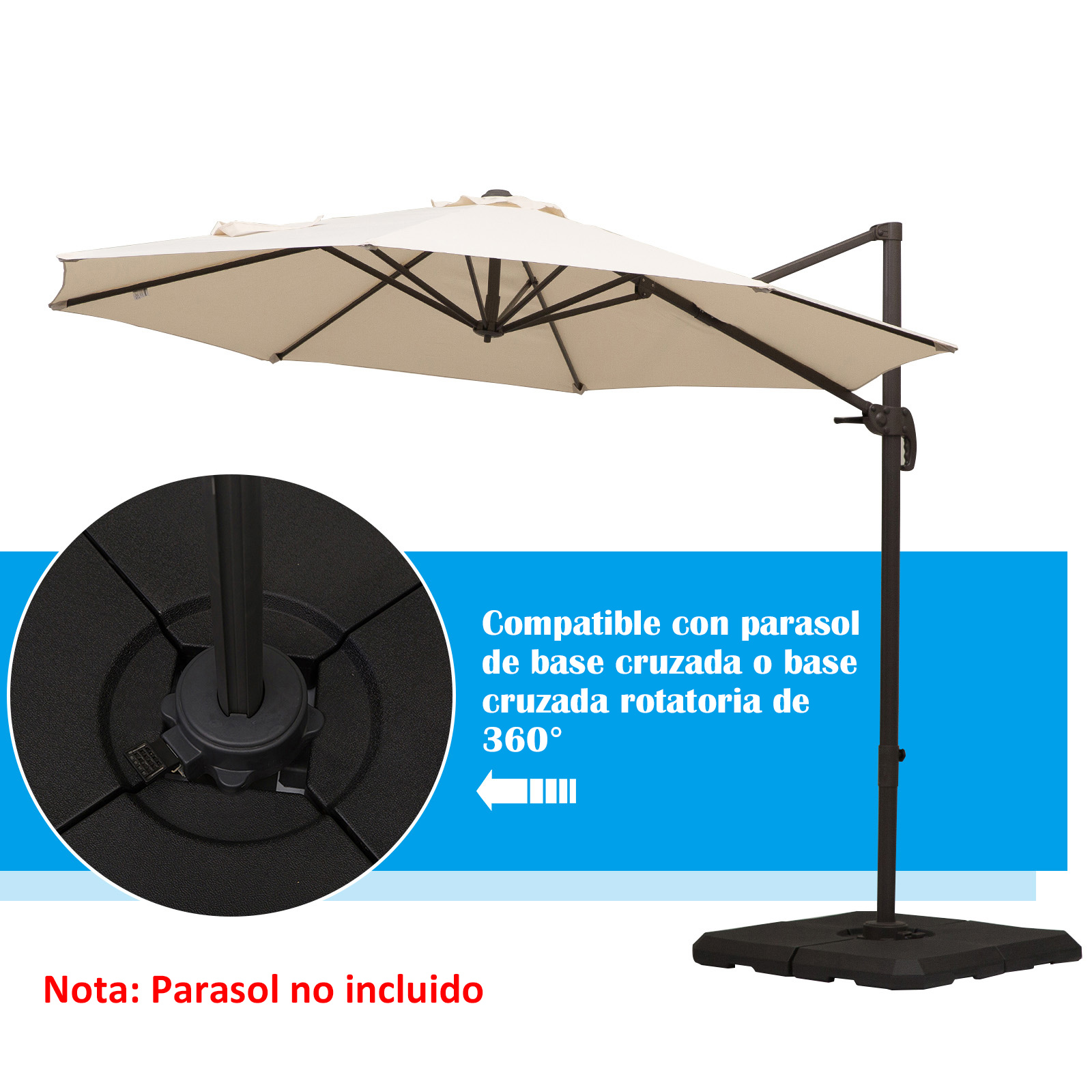 Una sombrilla de patio beige desplazada con una base y estructura negras, sobre un fondo blanco.