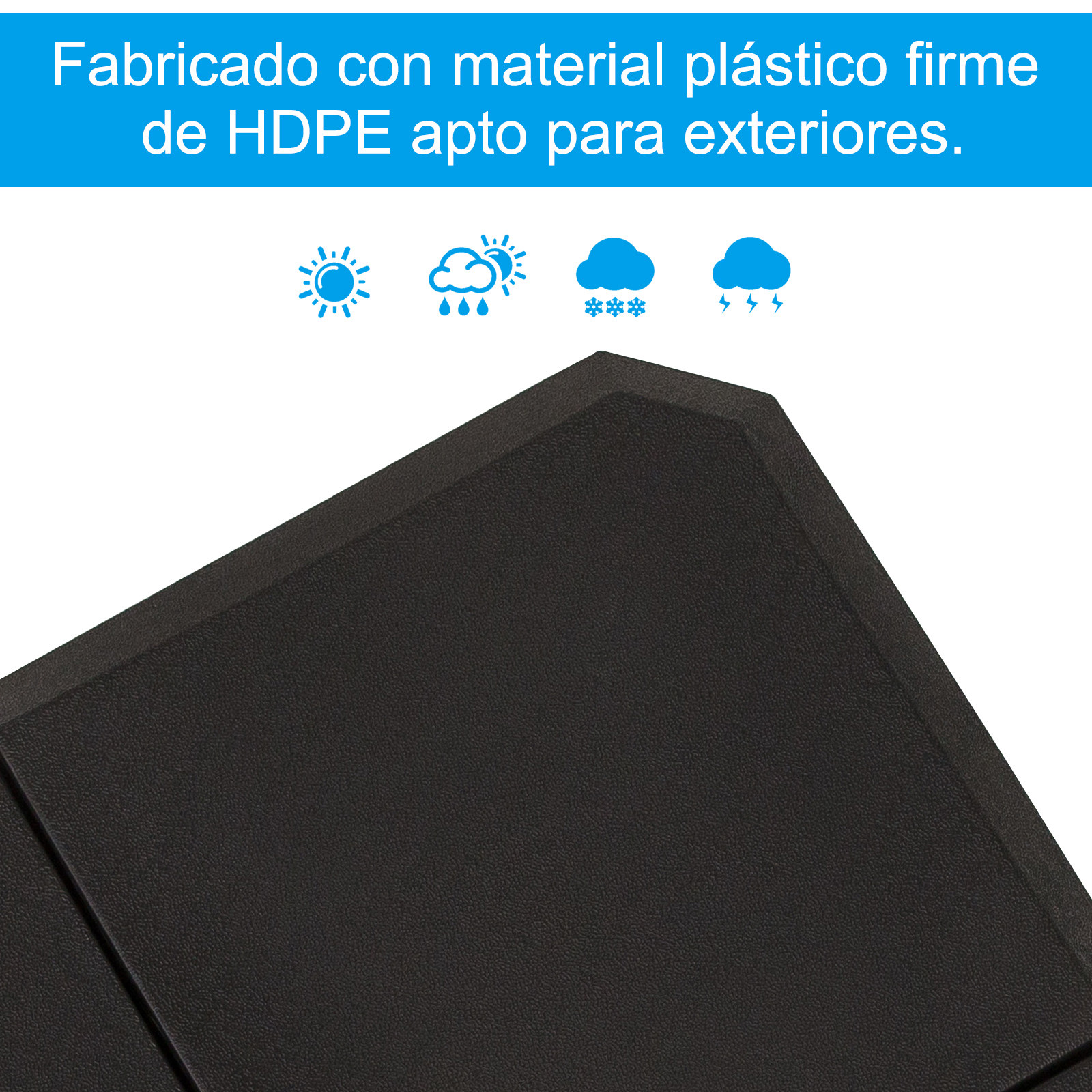 Un primer plano de una base de sombrilla negra hecha de plástico HDPE, adecuada para uso en exteriores.