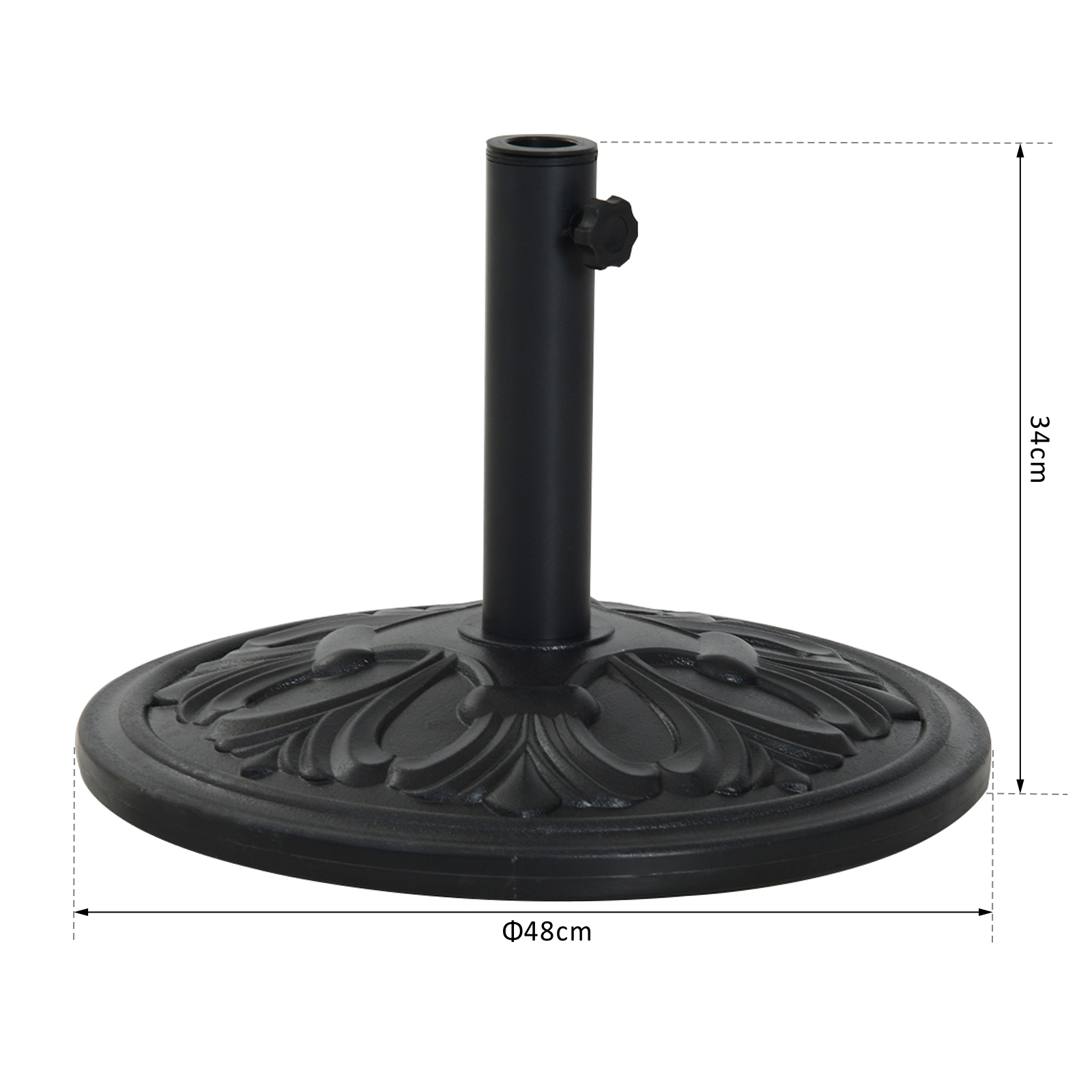 Una base de sombrilla negra con patrones decorativos tiene dimensiones etiquetadas en centímetros.