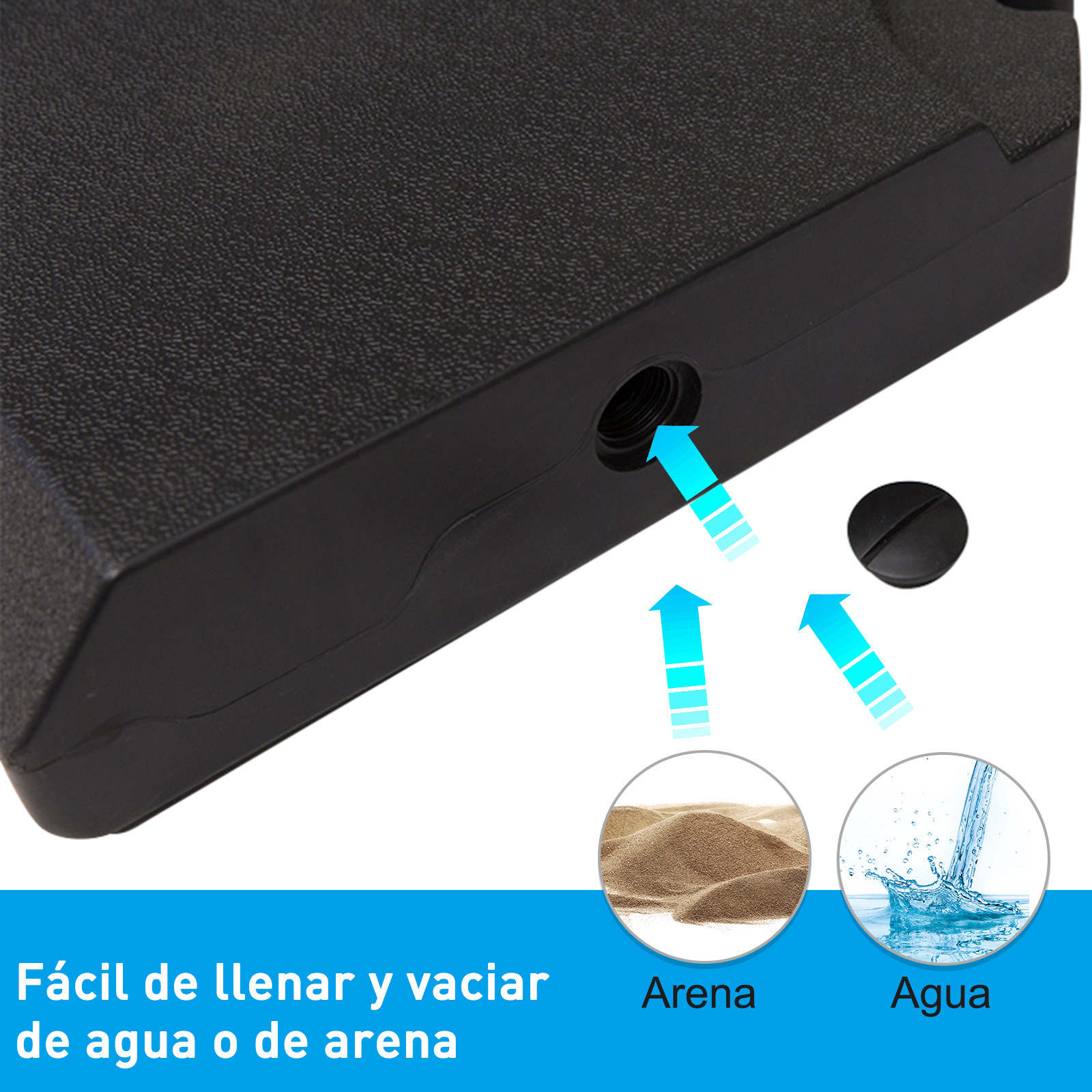 Un primer plano muestra cómo llenar una base de sombrilla negra con arena o agua, con ilustraciones.