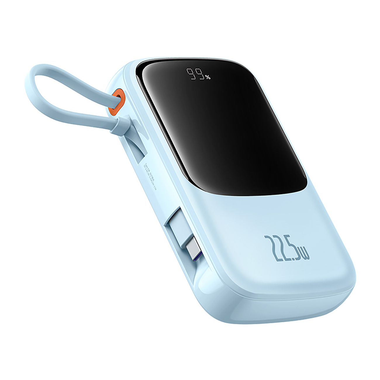 Jasnoniebieski power bank z cyfrowym wyświetlaczem pokazującym 99% i napisem „22,5w” z przodu.