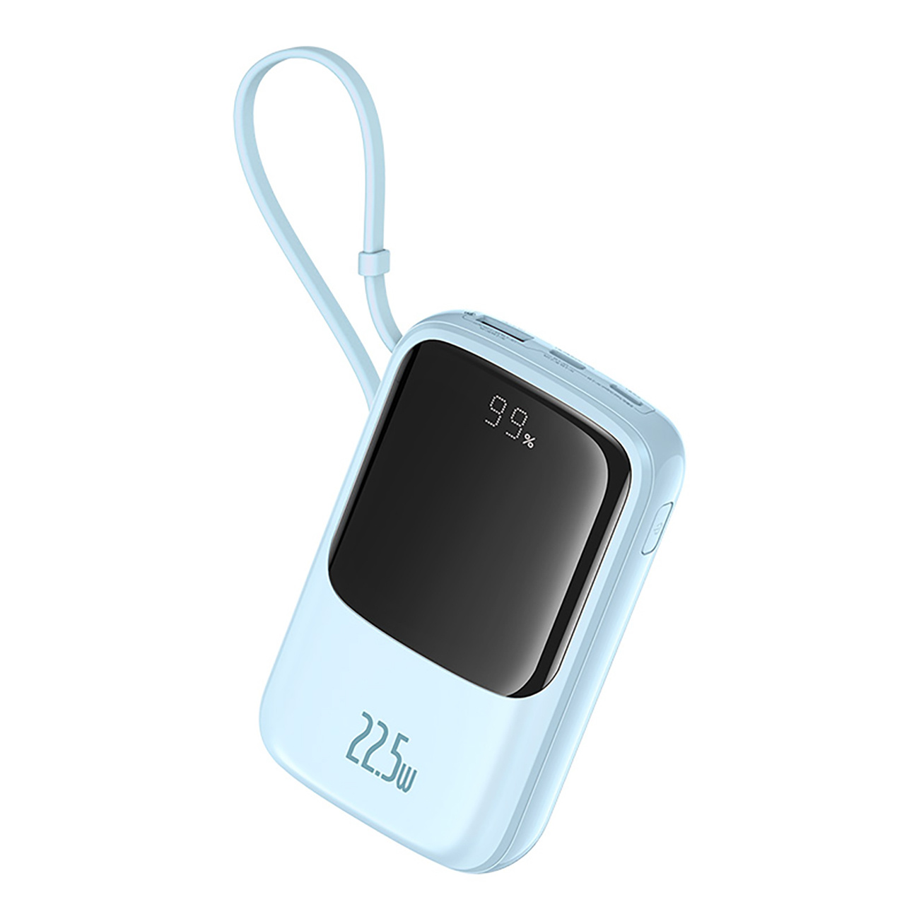 Jasnoniebieski power bank z cyfrowym wyświetlaczem pokazującym 99% i napisem „22,5w” z przodu.