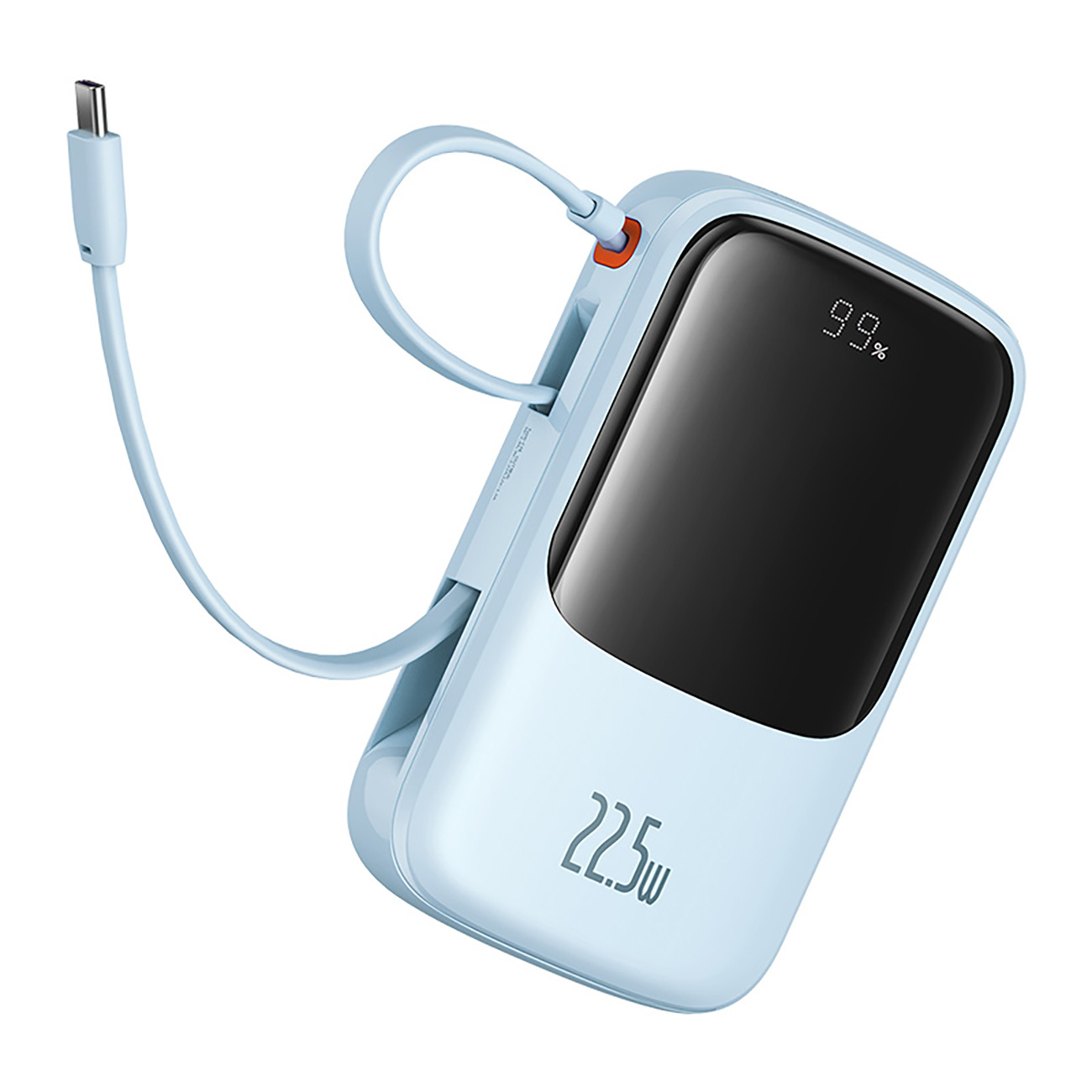 Jasnoniebieski power bank z cyfrowym wyświetlaczem pokazującym 99% i napisem „22,5w” z przodu.
