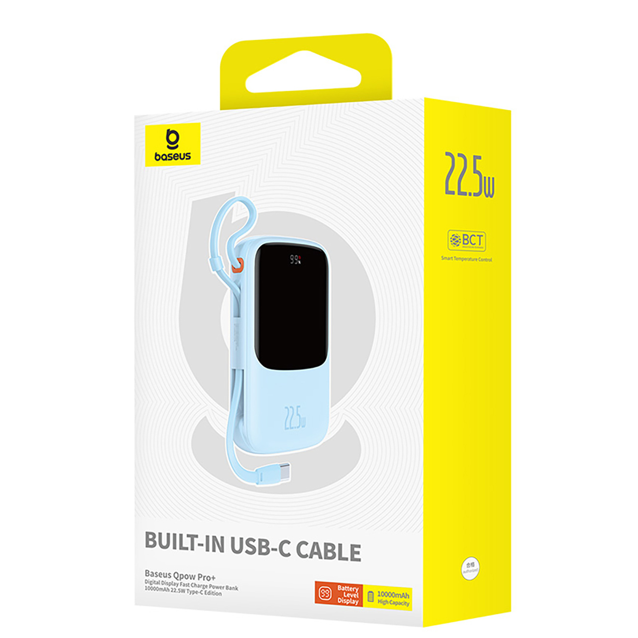 Jasnoniebieski power bank w opakowaniu, z cyfrowym wyświetlaczem pokazującym 99% i napisem „22,5w” z przodu.