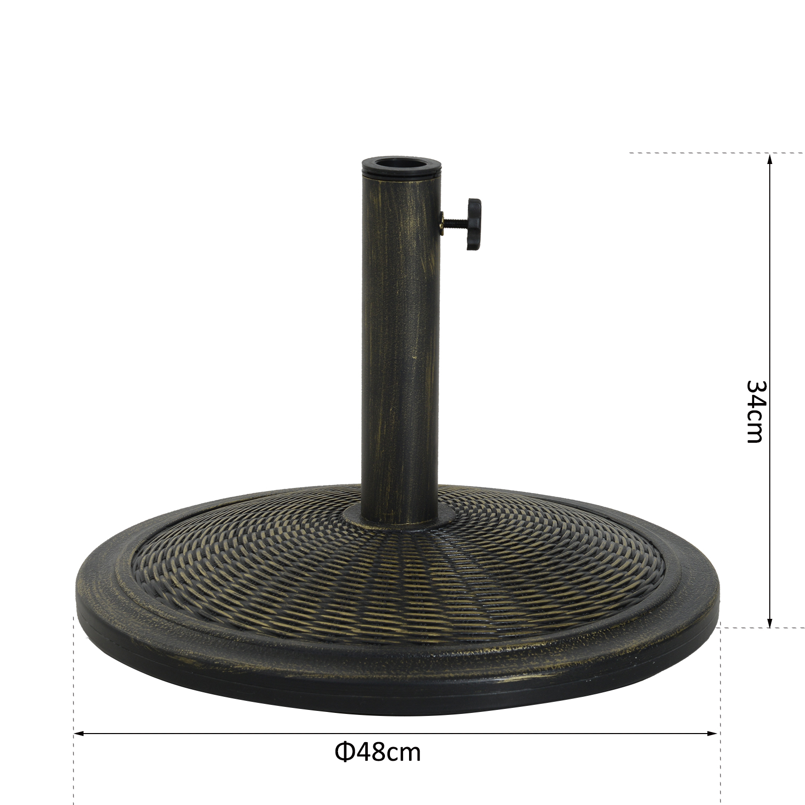 Una base de sombrilla de metal negro y dorado, con dimensiones etiquetadas en centímetros.