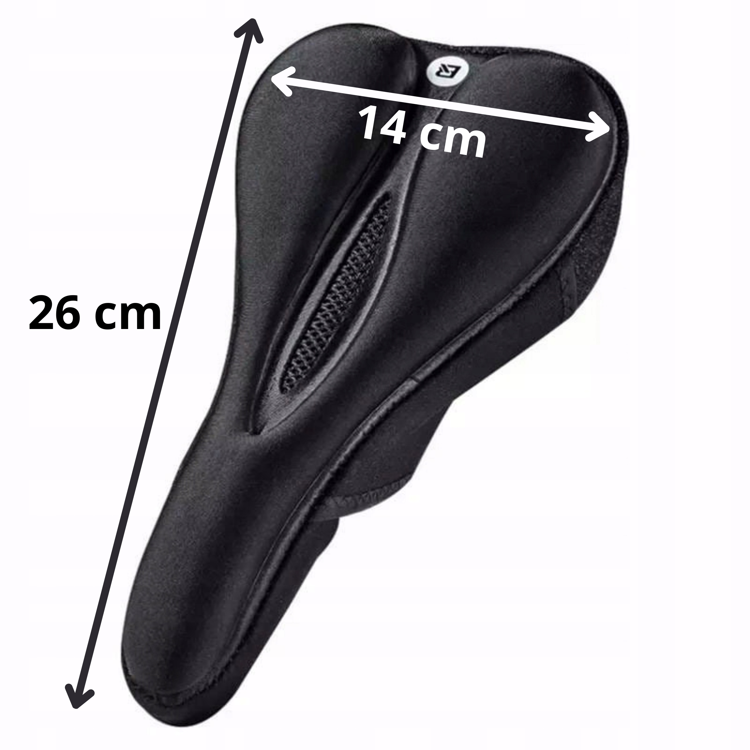 Czarny pokrowiec na siedzenie rowerowe jest wyświetlany z wymiarami 26 cm długości i 14 cm szerokości na białym tle.