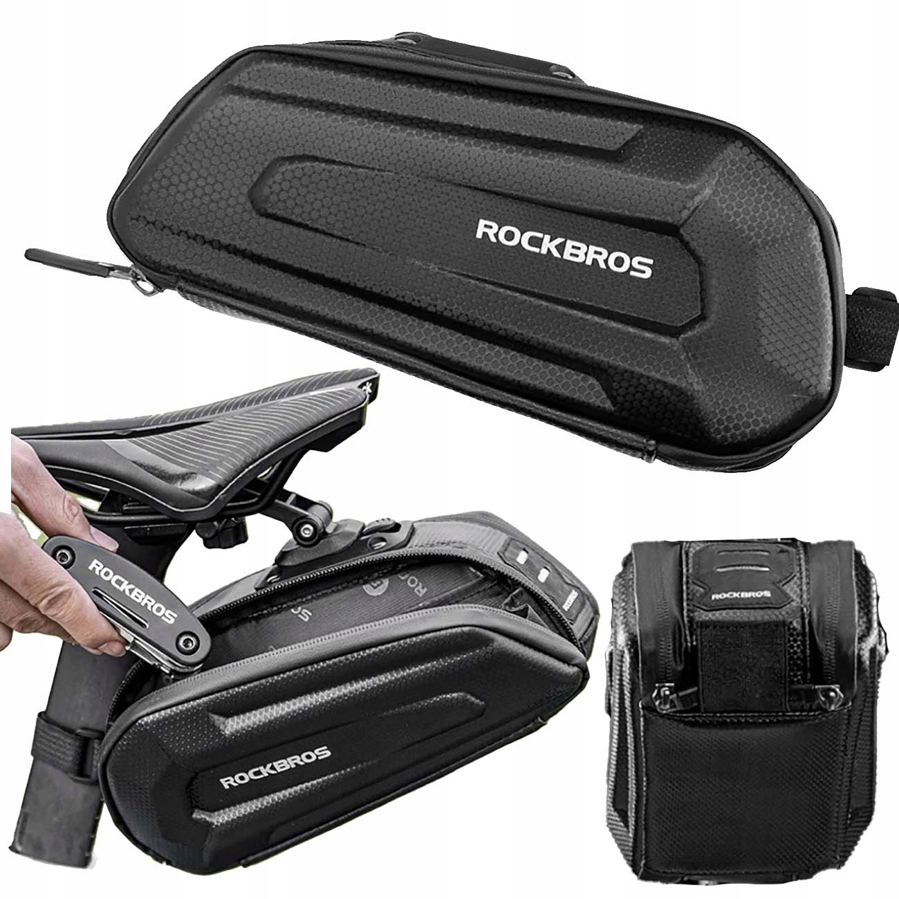 Czarna torba rowerowa ROCKBROS jest pokazana z trzech stron, podkreślając jej konstrukcję i opcje mocowania.