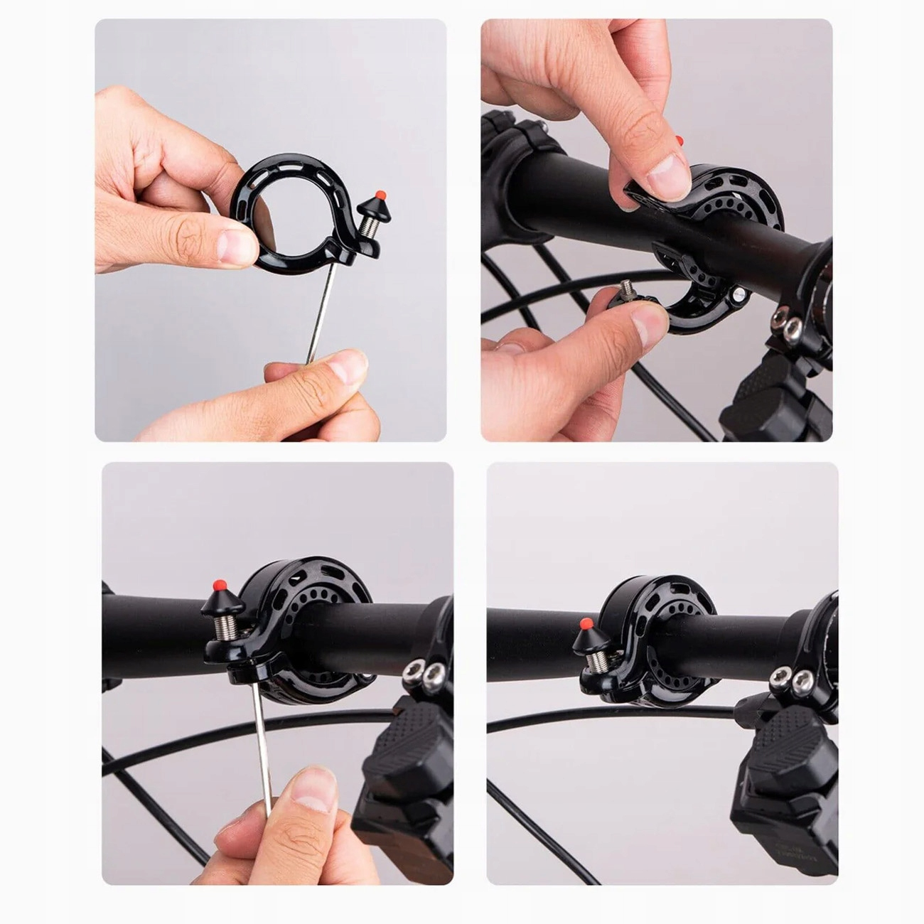 Czteropanelowy obraz przedstawiający proces instalacji czarnego dzwonka rowerowego na kierownicy roweru za pomocą narzędzia.