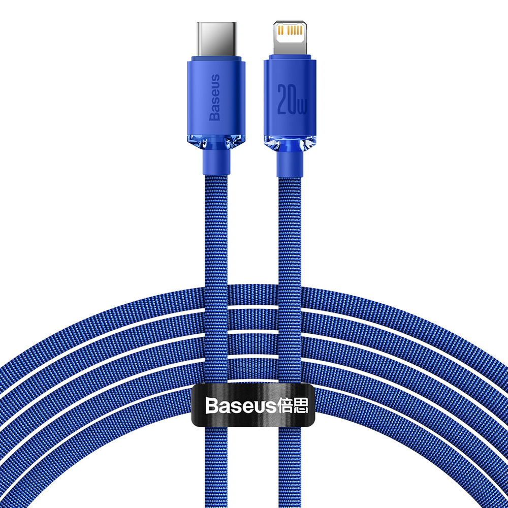 Niebieski kabel Baseus USB-C do Lightning z czarnymi paskami zwinięty na białym tle.