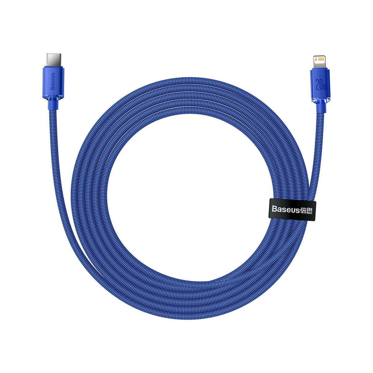 Zwinięty niebieski kabel Baseus USB-C do Lightning z czarnymi paskami na białym tle.