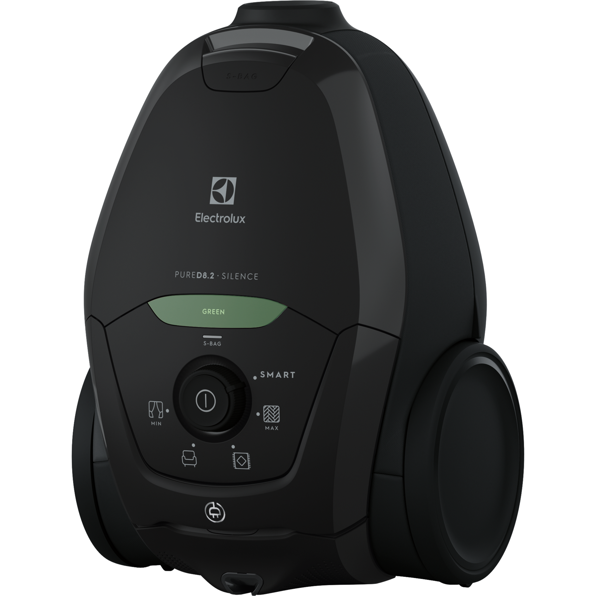 Un aspirapolvere nero Electrolux PURED8.2 Silence con un accento verde su uno sfondo scuro.
