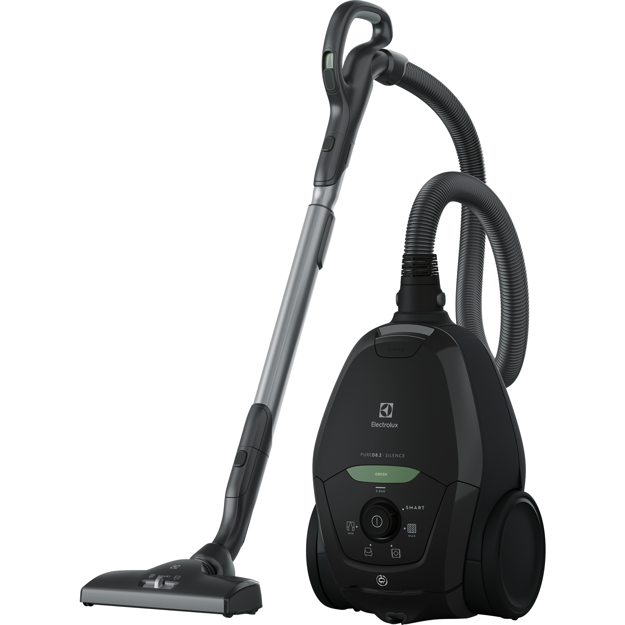 Un aspirapolvere Electrolux PURED8.2 Silence con una bacchetta argentata e un corpo nero su uno sfondo nero.