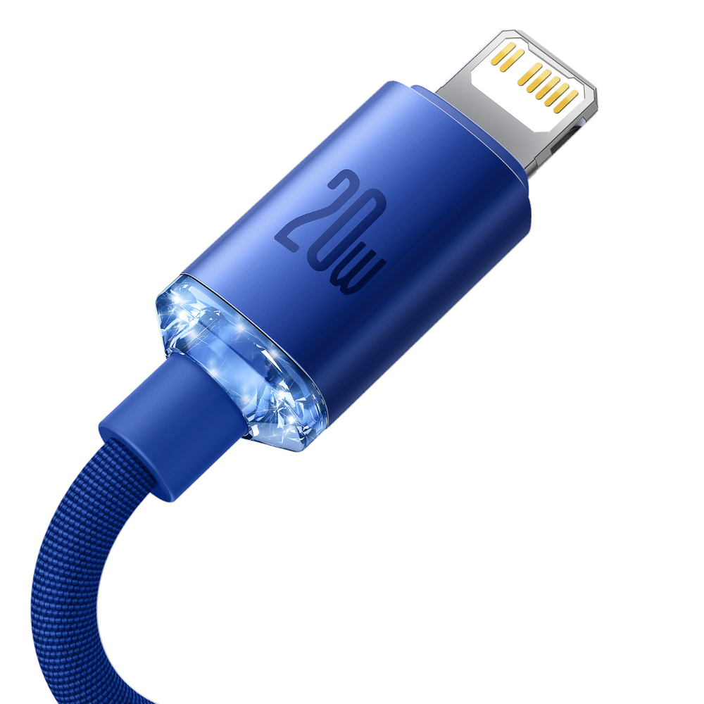 Niebieski kabel Baseus Lightning ze srebrnym złączem i oznaczeniem 20 W na białym tle.