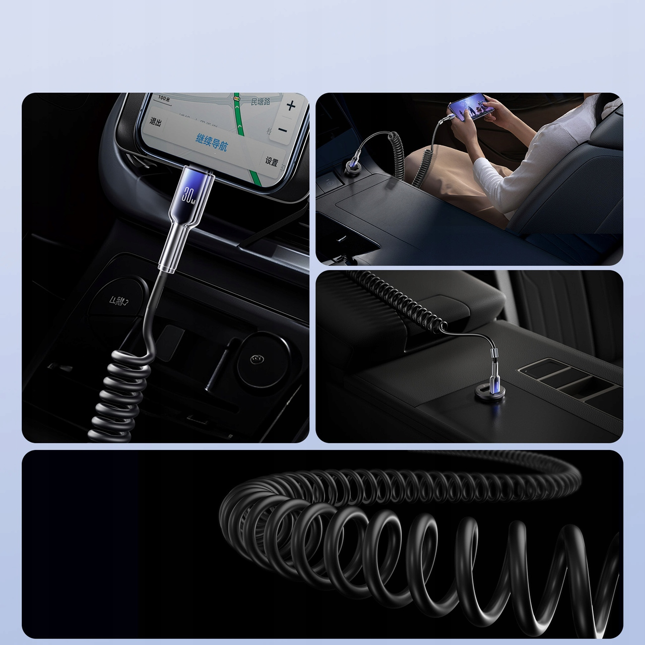 Kolaż spiralnych kabli ładujących we wnętrzach samochodów, podłączonych do urządzeń i źródeł zasilania.