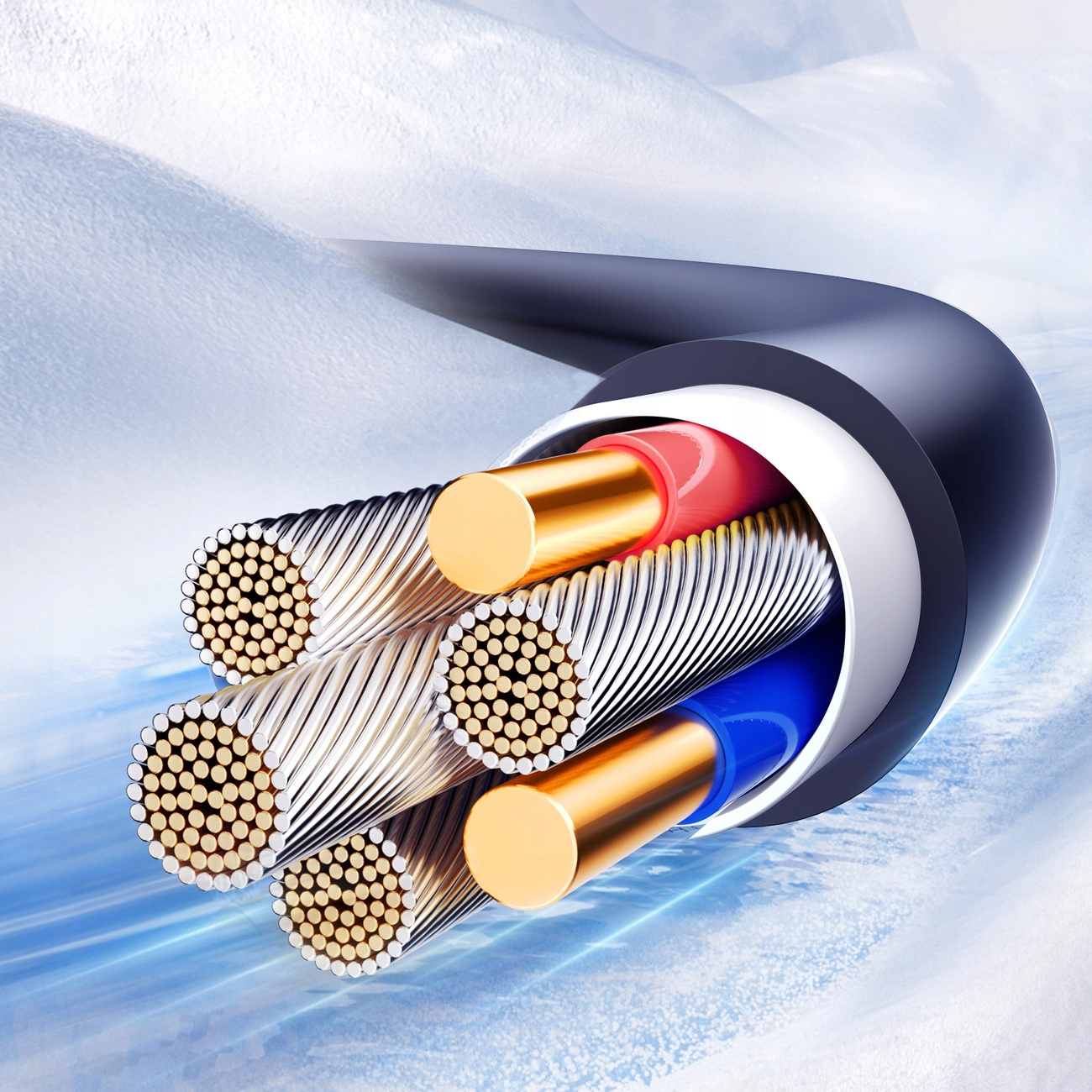 Zbliżenie wielokolorowego kabla pokazującego jego wewnętrzne przewody na tle ośnieżonego tła.