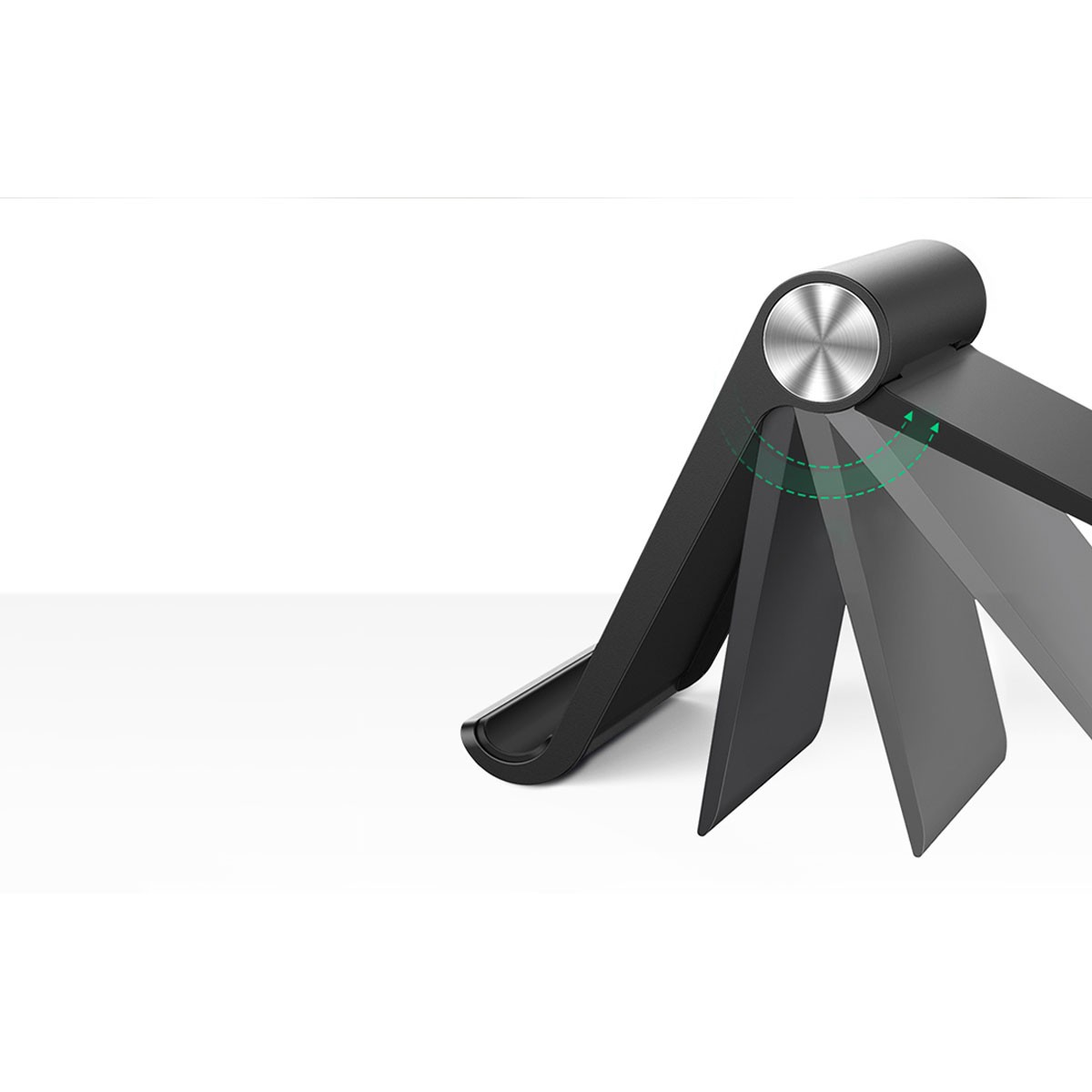Regulowany czarny stojak na telefon ze srebrnymi zawiasami, pokazujący różne kąty regulacji.