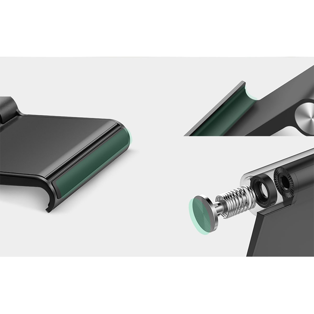 Zbliżenie czarnego, regulowanego stojaka na telefon z zielonymi akcentami, prezentujące jego wygląd i konstrukcję.