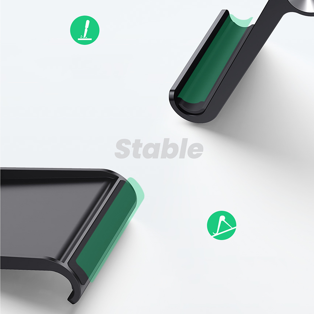 Zbliżenie czarnego stojaka z zielonymi akcentami. Słowo "Stable" znajduje się na środku obrazu.