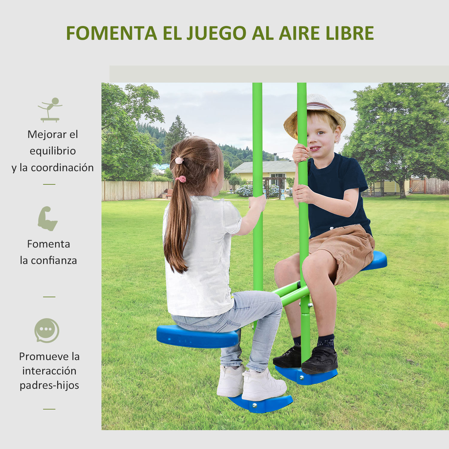 Dos niños juegan en un juego de columpios. La imagen promueve el equilibrio, la confianza y la interacción entre padres e hijos.