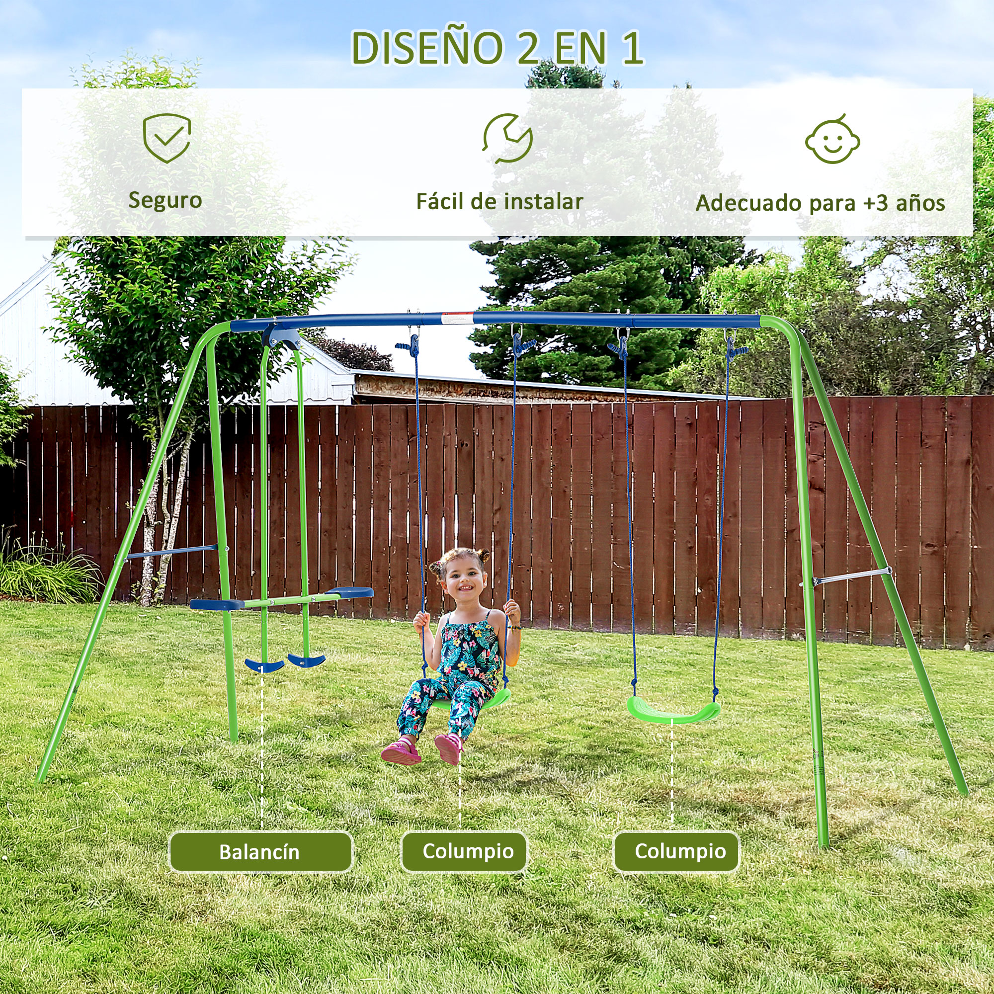 Un juego de columpios en un patio trasero, que incluye un columpio y un planeador. El texto indica que es seguro, fácil de instalar y adecuado para niños mayores de 3 años.